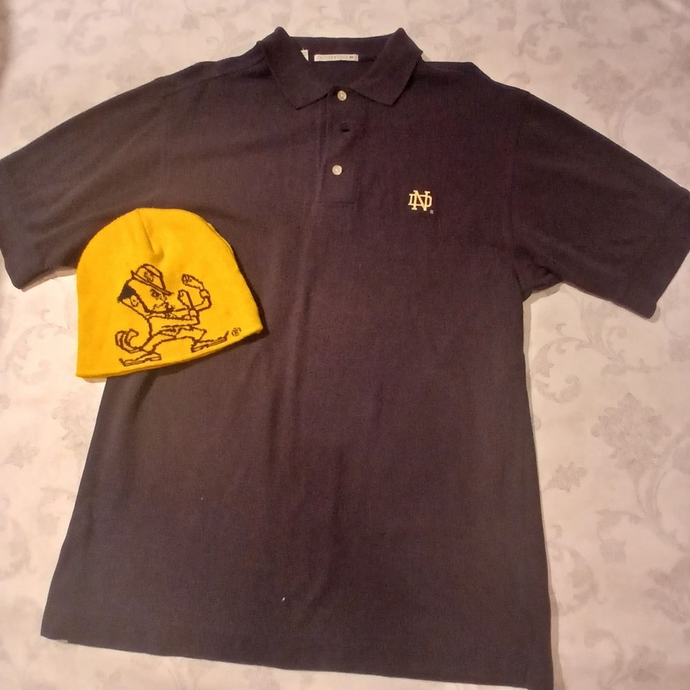 Cutter Buck navy polo Notre Dame with Fighting Irish cap size L